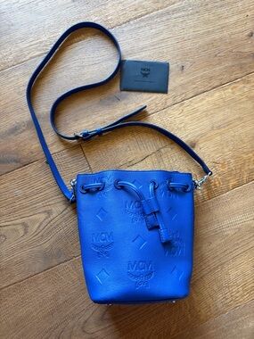 MCM Royal Blue Leather Drawstring Bucket Crossbody